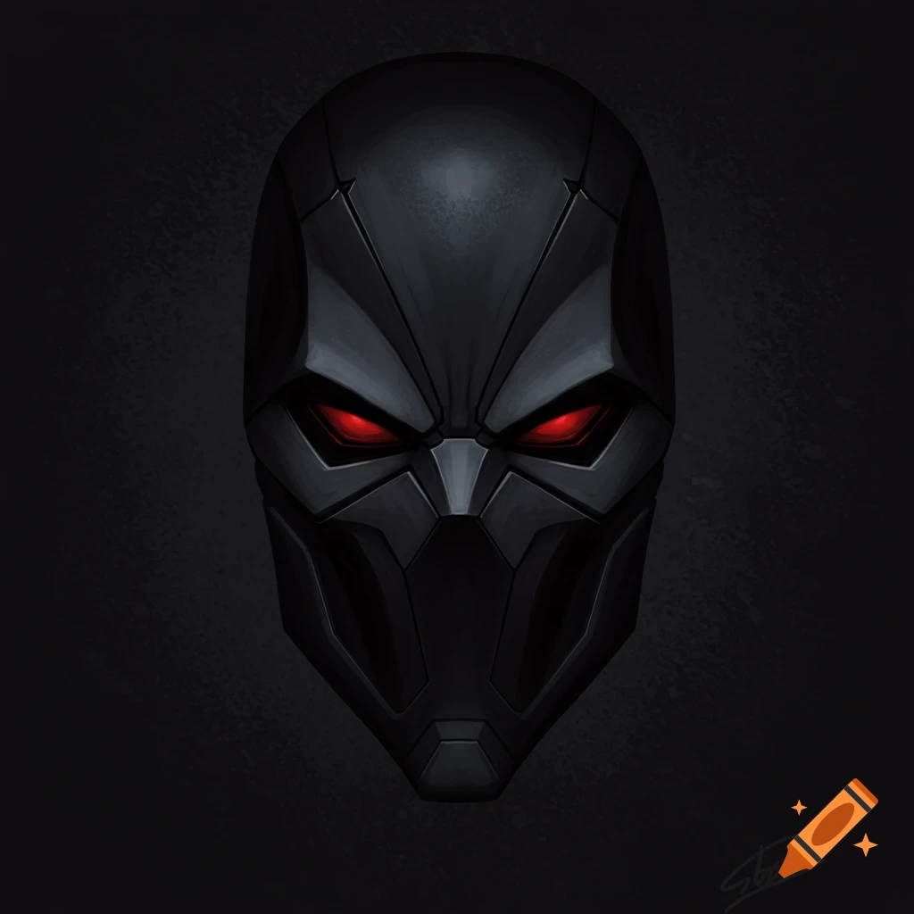 A dark, futuristic black mask with glowing red eyes.