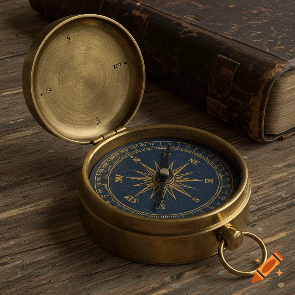 An open brass compass with a blue face sits next to an old book on a wooden table.