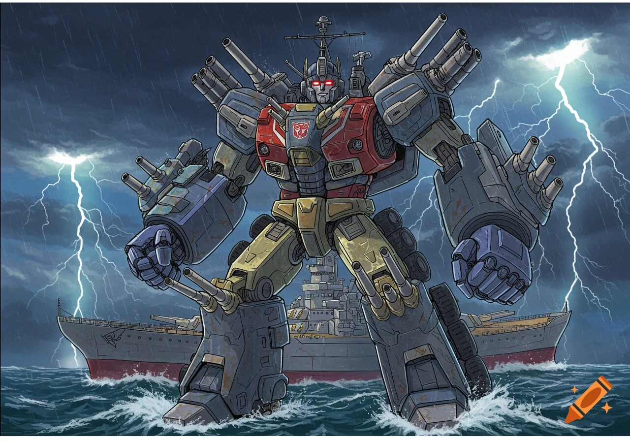 Giant robot resembling a transformer standing in the ocean in front of a battleship during a lightning storm, illustration style.