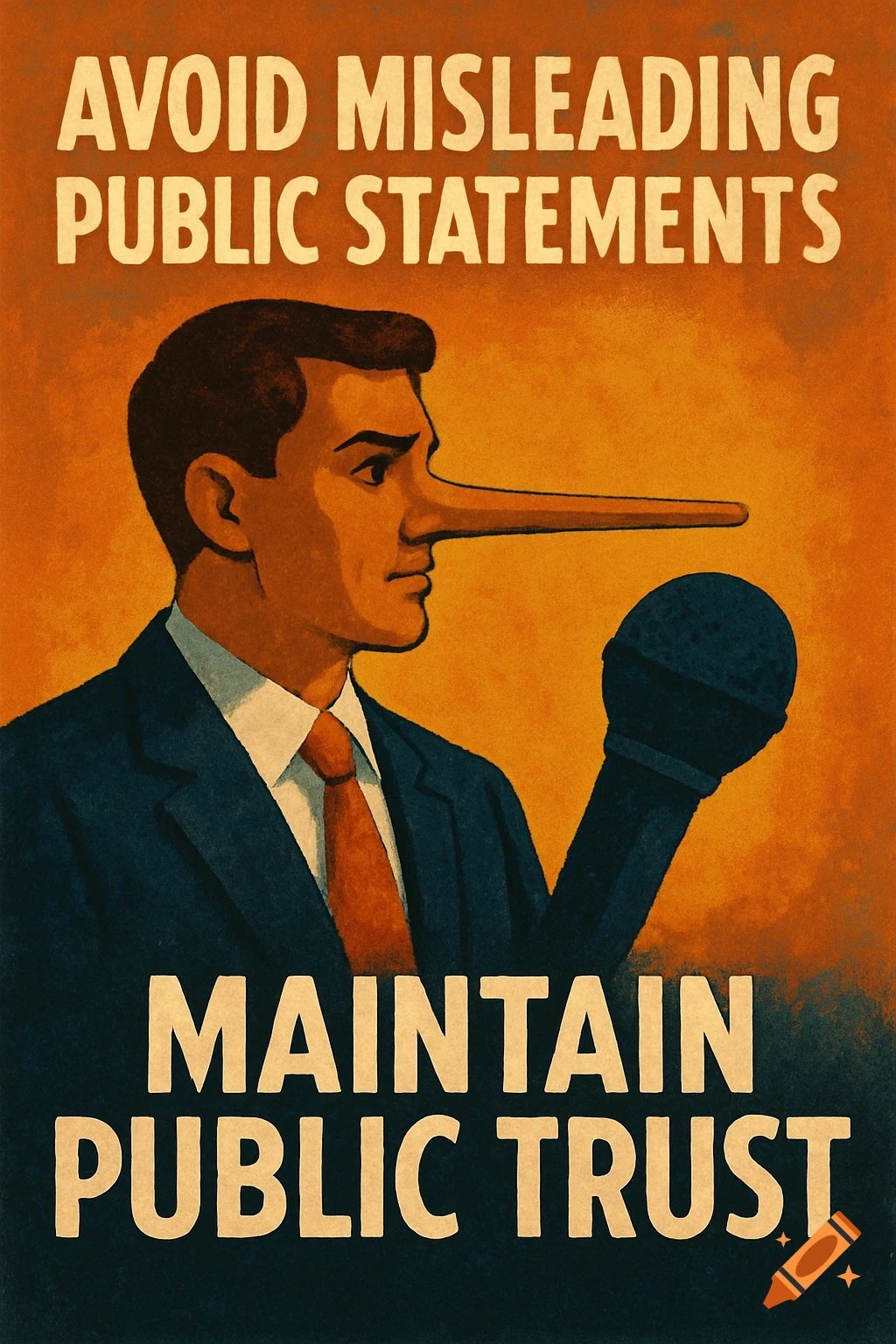 Vintage-style poster of a man with a long nose holding a microphone, text reads: Avoid Misleading Public Statements, Maintain Public Trust