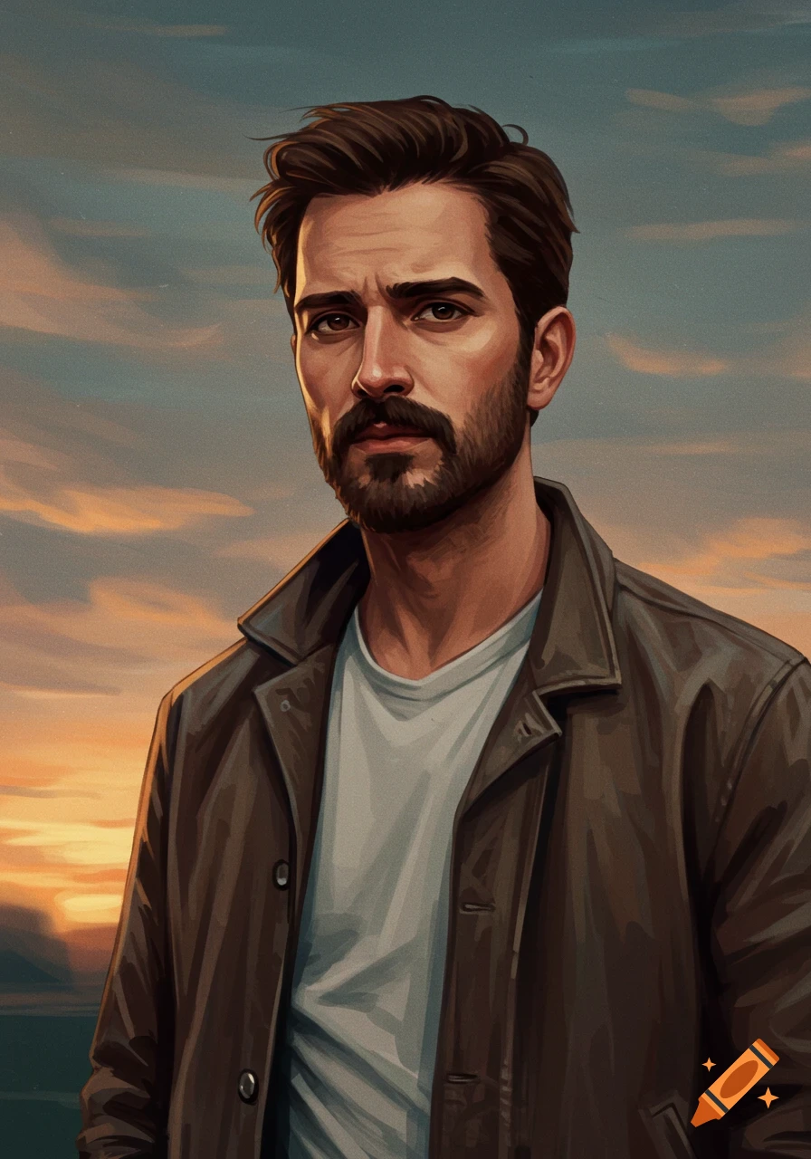 Digital painting portrait of a man with beard and jacket against a sunset sky.