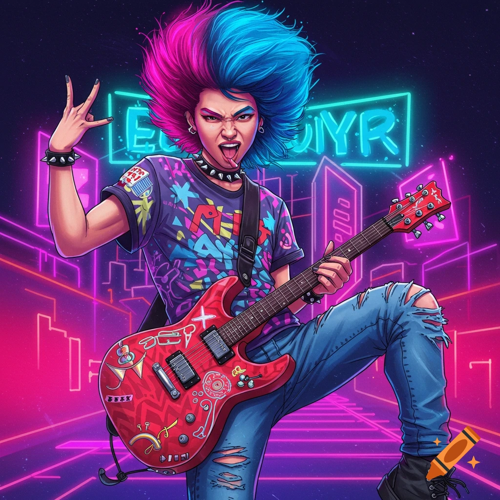 A vibrant illustration of a punk rocker with pink and blue hair playing a red electric guitar against a neon synthwave city background.