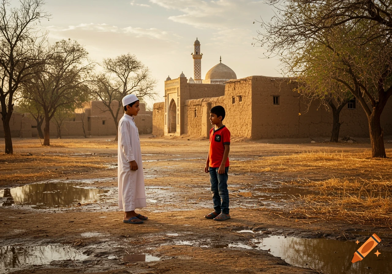 Two boys stand facing each other in a mud brick village courtyard with a mosque, trees, and puddles at sunset.