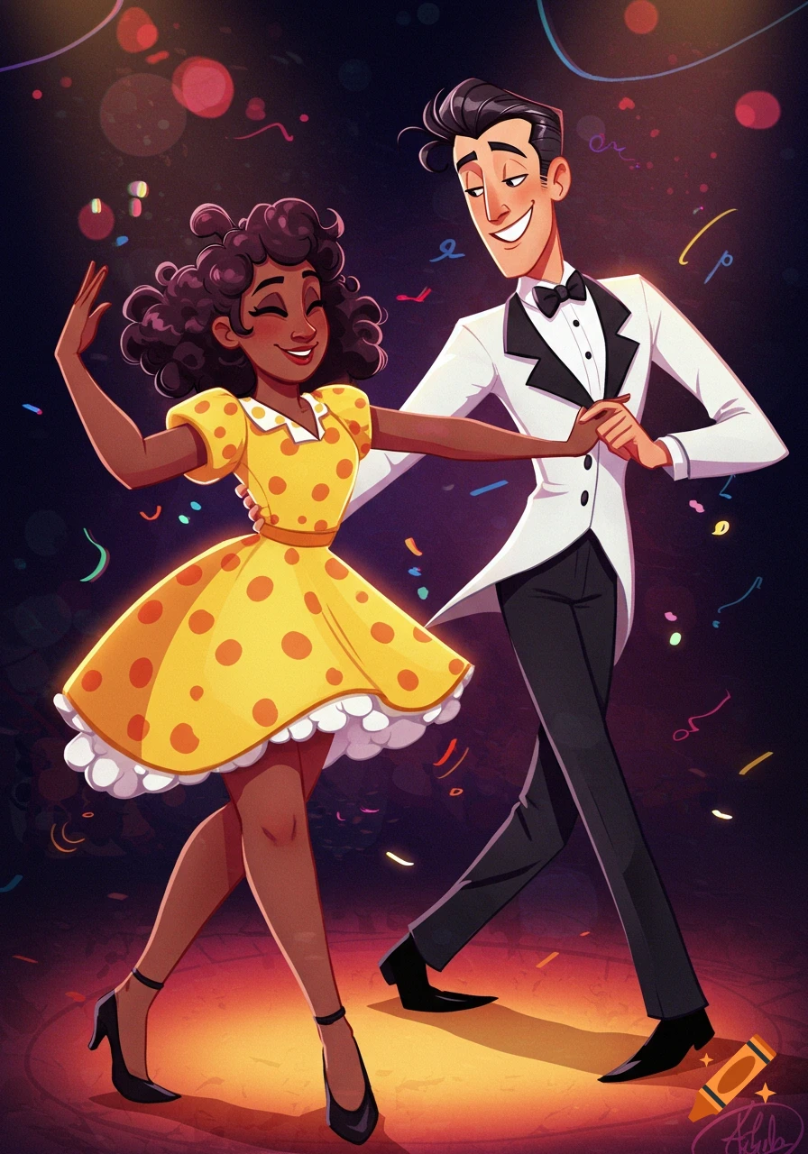 A man and woman dance together in a lively cartoon illustration.