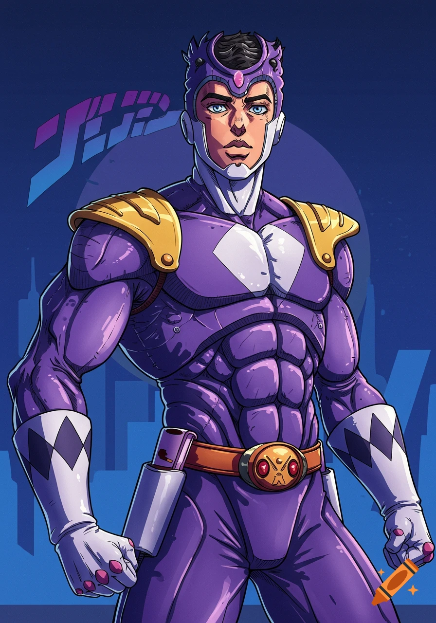 Character in purple Power Ranger suit in Jojo's Bizarre Adventure anime style with text in background