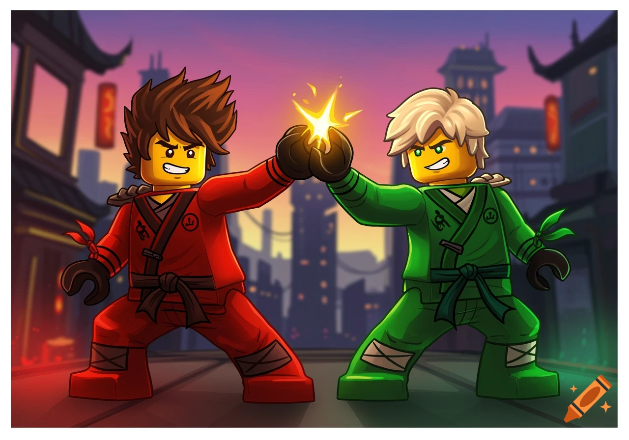 Cartoon image of LEGO Ninjago characters Kai and Lloyd doing a glowing fist bump in a city street at sunset.