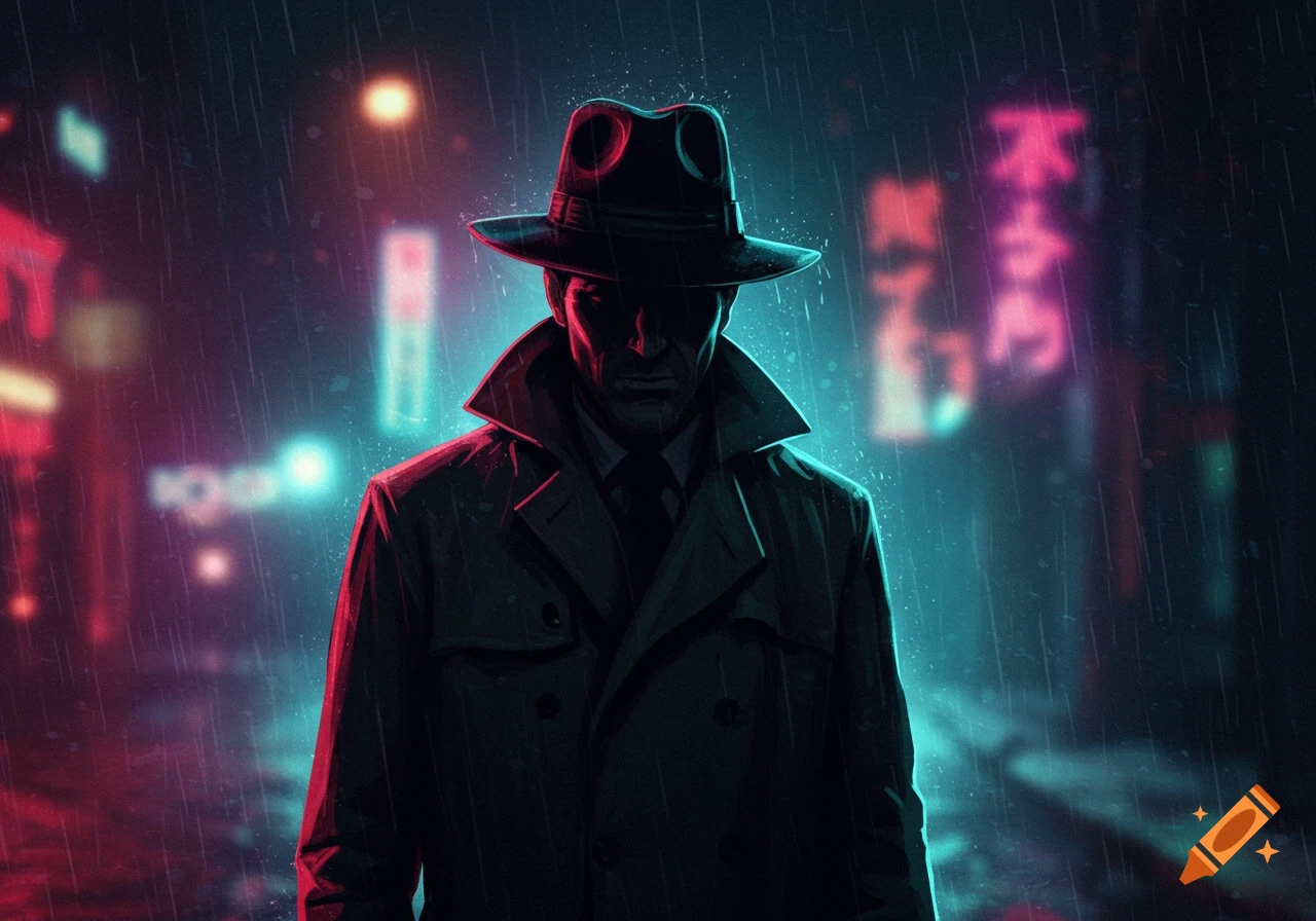 A man in a hat and trench coat stands in the rain on a city street at night with neon lights.