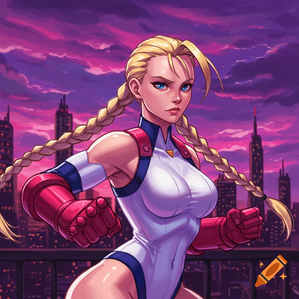 Stylized illustration of a female character with blonde braids, wearing a white and pink leotard and red gloves, against a city skyline.
