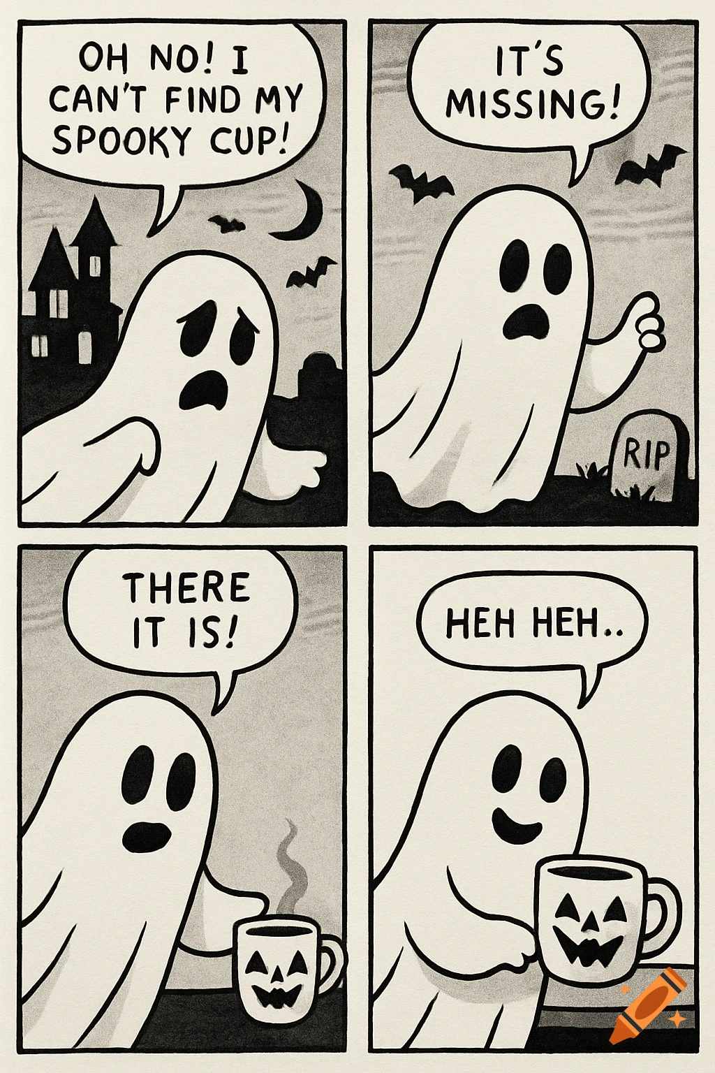 Black and white comic strip about a ghost finding its spooky jack-o'-lantern cup.