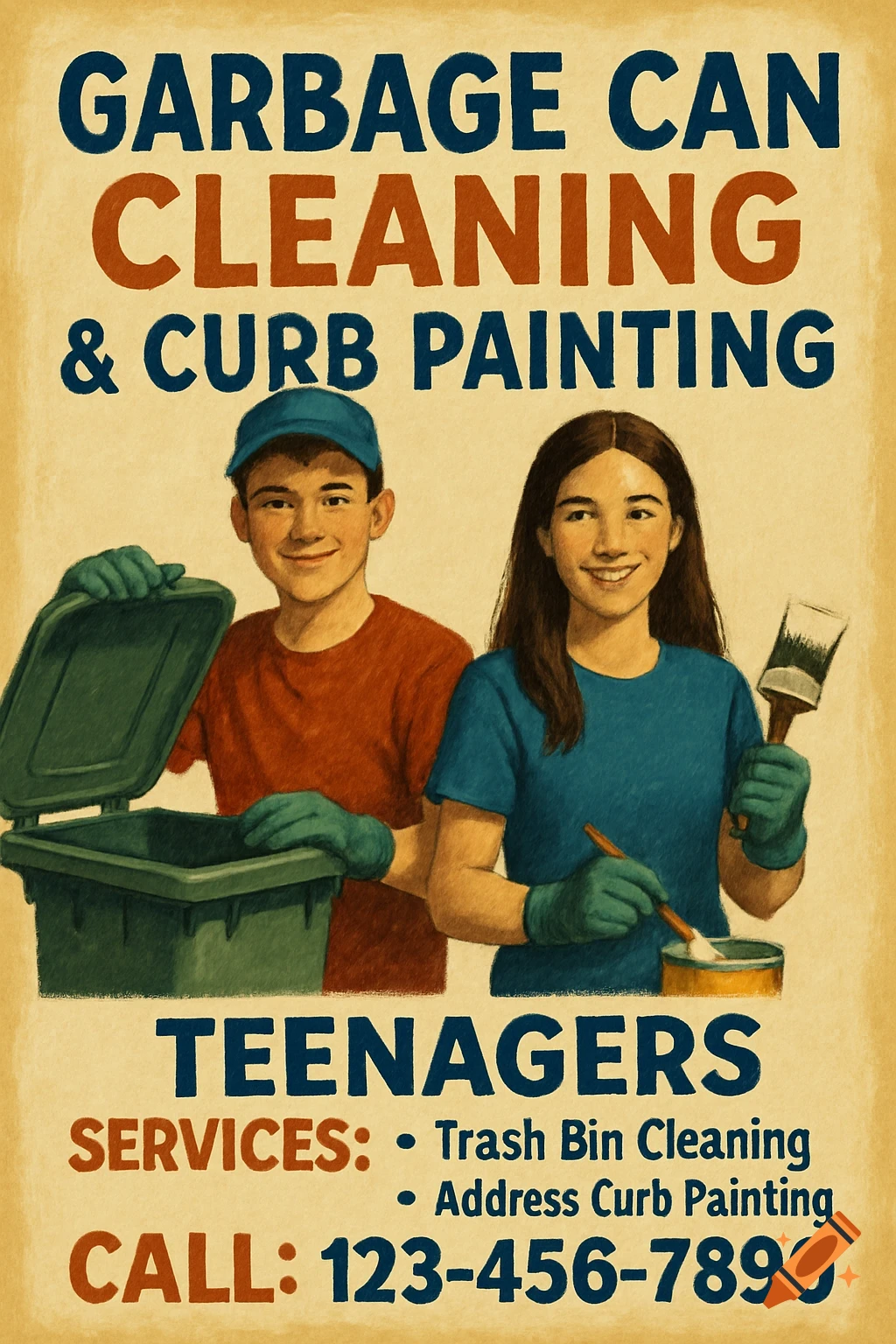 A retro-style poster advertising garbage can cleaning and curb painting services by teenagers, featuring two smiling teens with cleaning supplies.