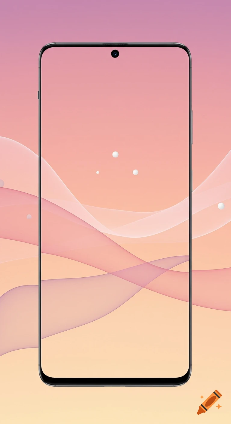 Close-up of a modern smartphone displaying an abstract wallpaper with swirling pink and orange shapes and white dots on a gradient background.