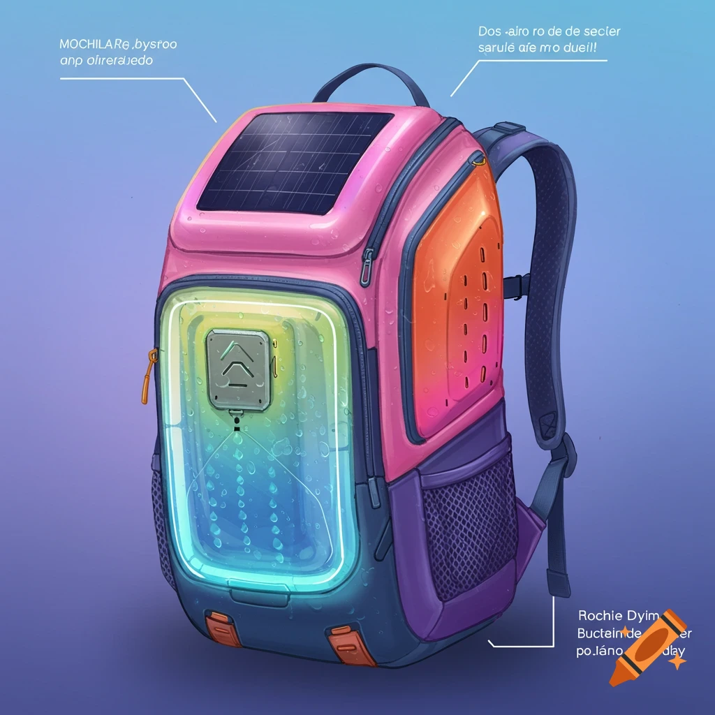 Illustration of a futuristic backpack with a solar panel, a glowing front panel, and gradient colors.