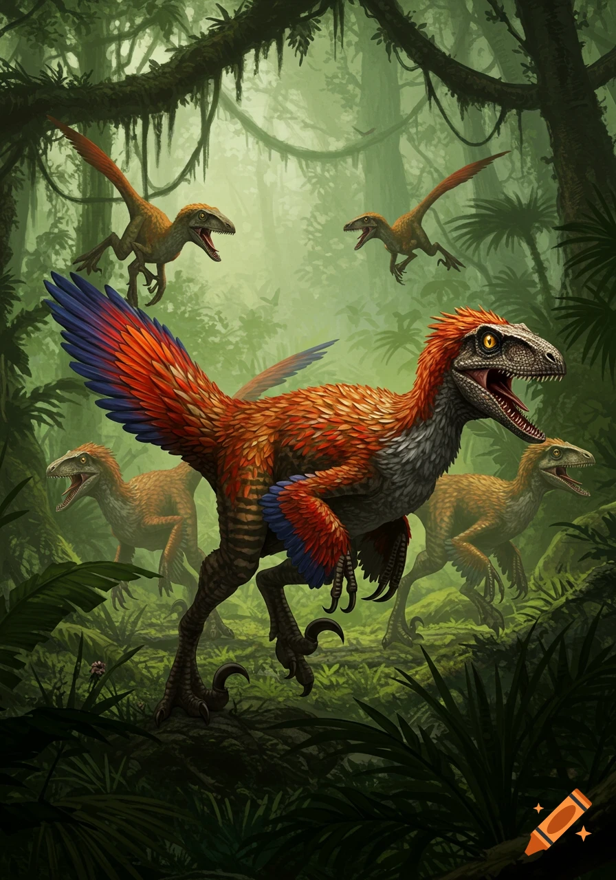 Feathered raptors in a jungle