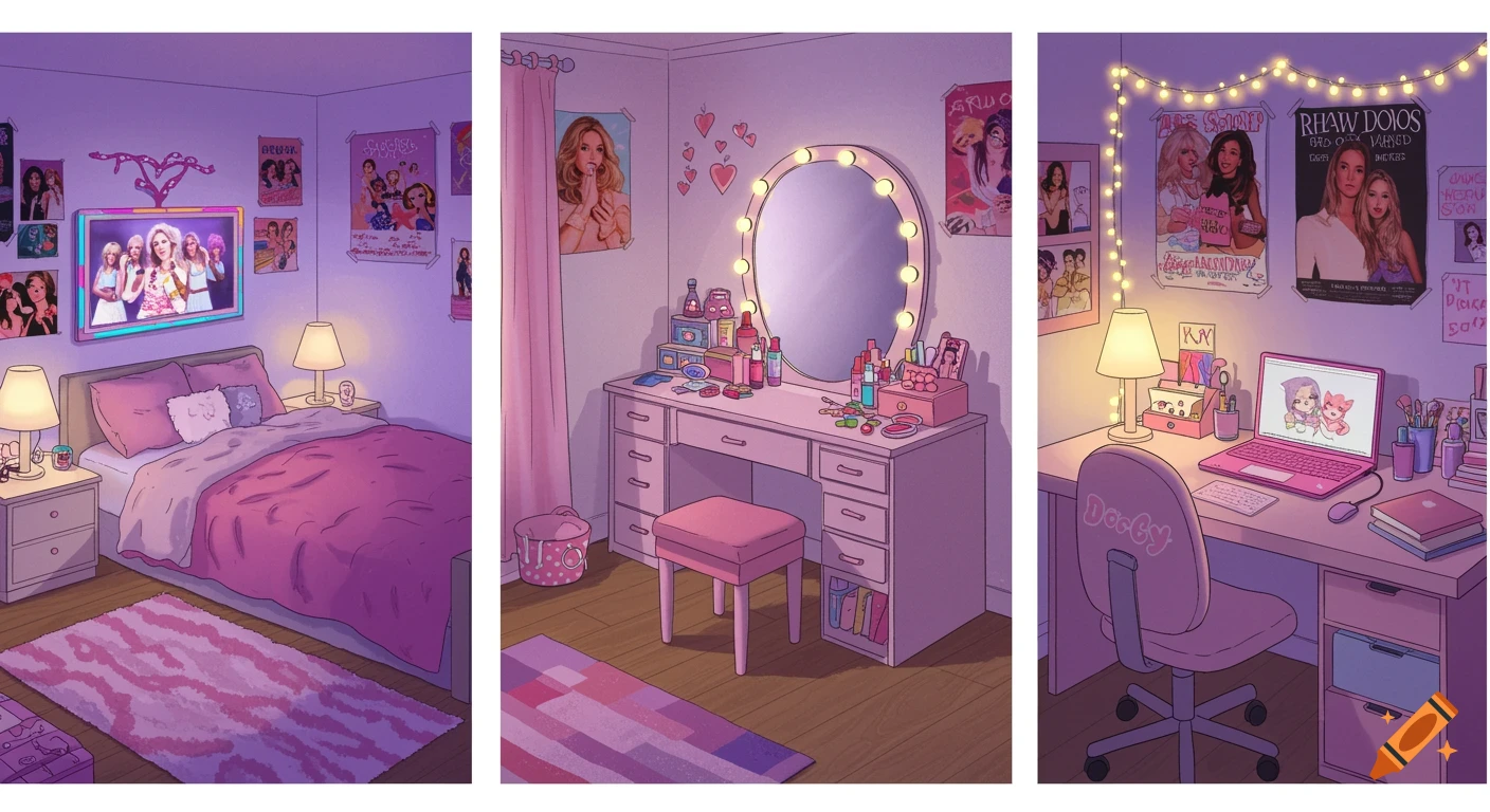 Three panels showing an anime-style pink girly bedroom with a bed, vanity, desk, posters, and string lights.