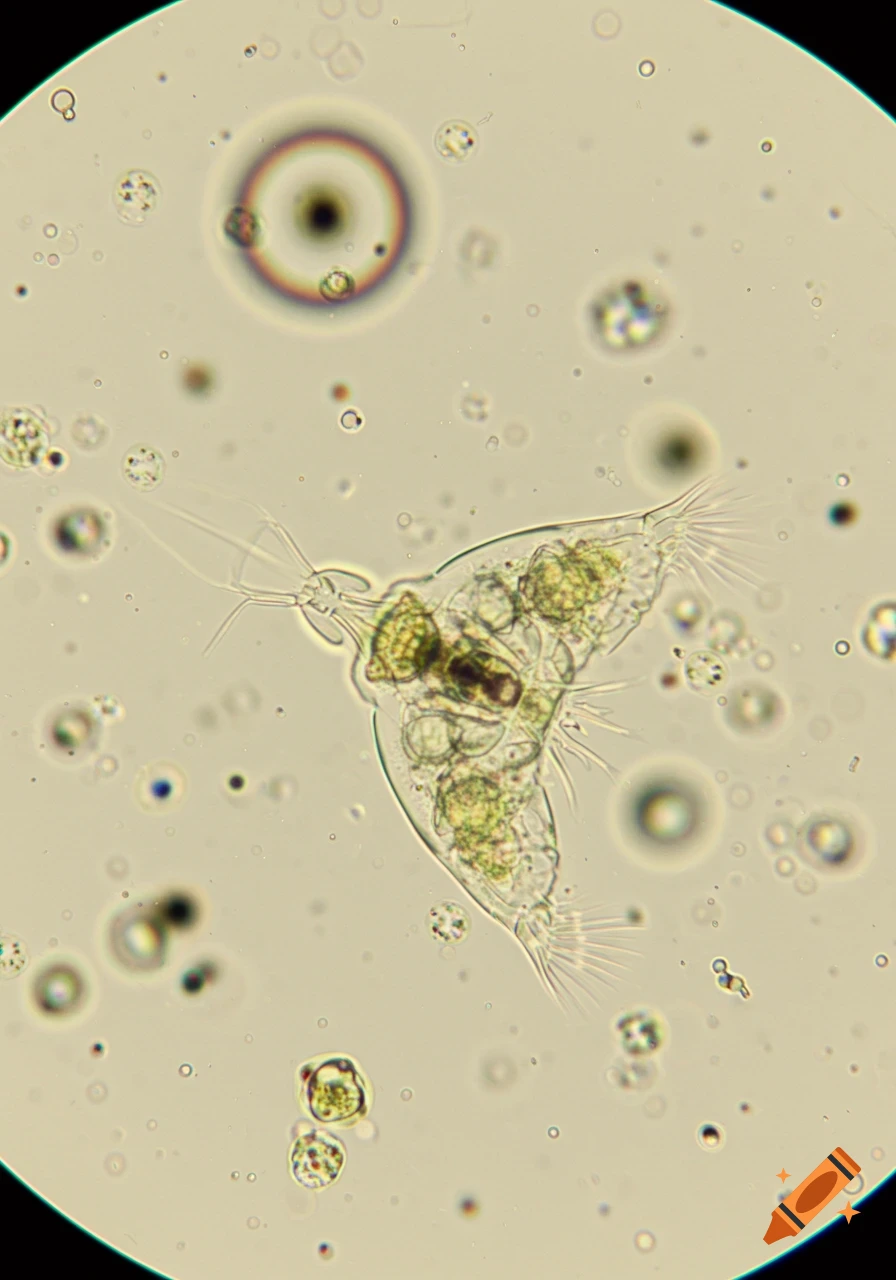 A rotifer under a microscope, swimming among other microorganisms.
