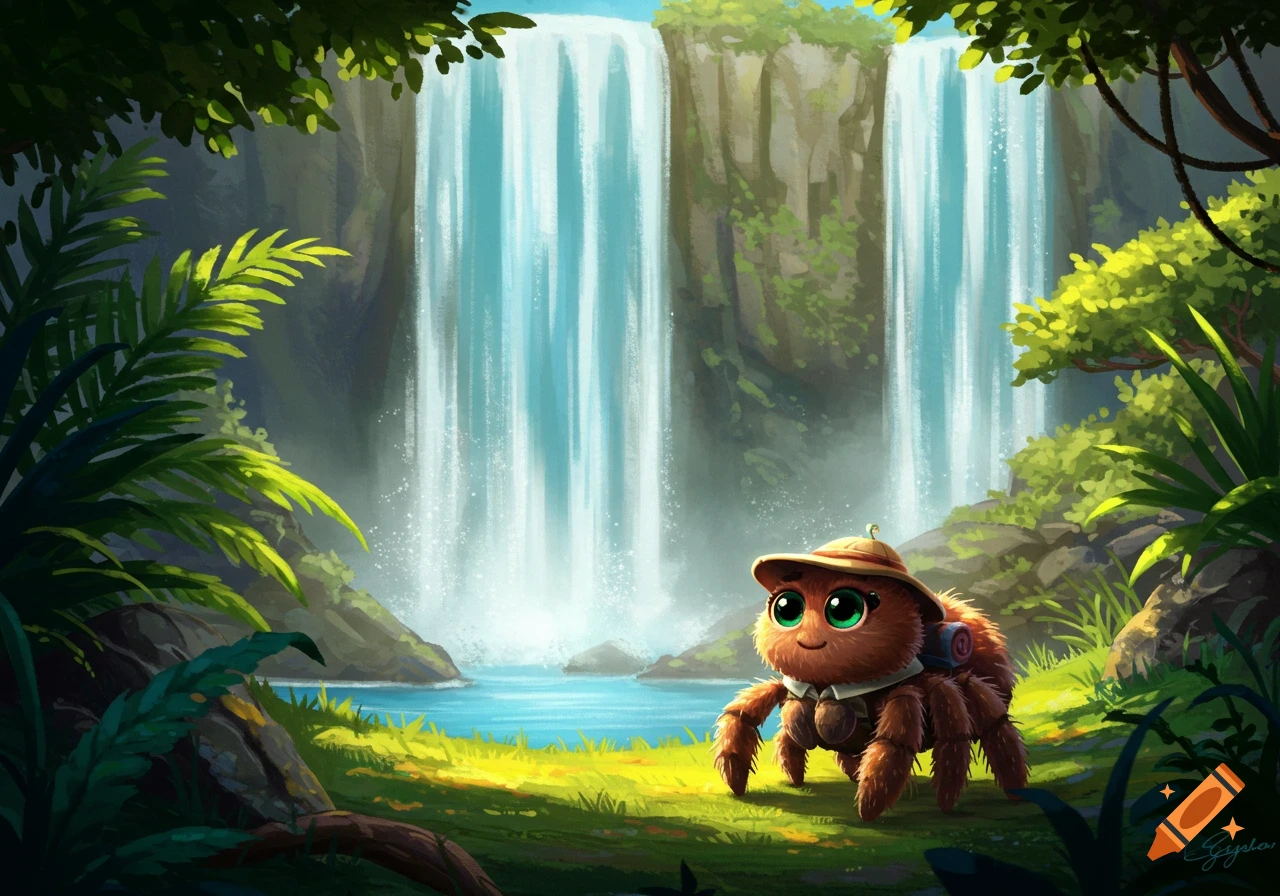 A cute cartoon spider wearing a hat and backpack stands in front of a large waterfall in a lush jungle.