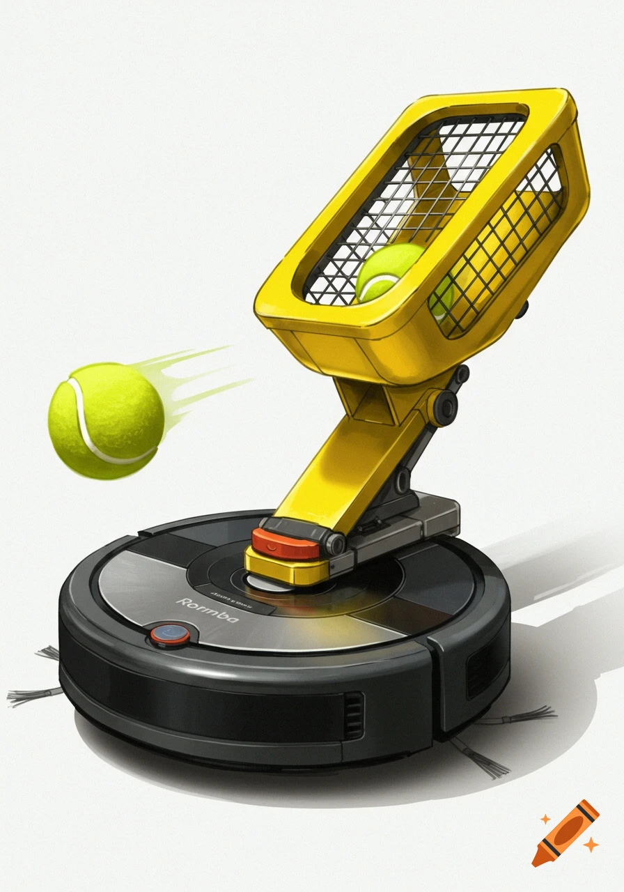 An illustration of a Roomba-like robot vacuum with a yellow tennis ball launcher, shooting a tennis ball.