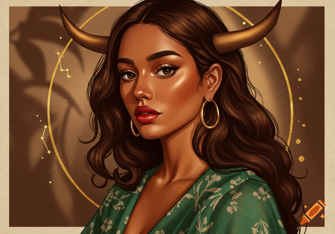 Portrait of a woman with bull horns and a celestial background, representing Taurus.