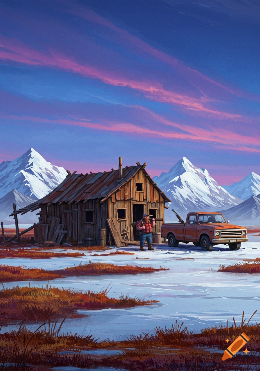 Illustration of a man with a rifle by a rustic cabin and pickup truck in a snowy mountain landscape under a colorful sky.