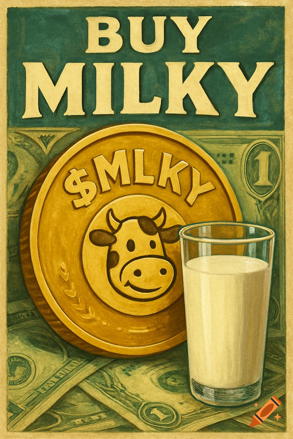 Retro style ad poster for $MILKY memecoin with coin, cartoon cow, milk glass, and money.