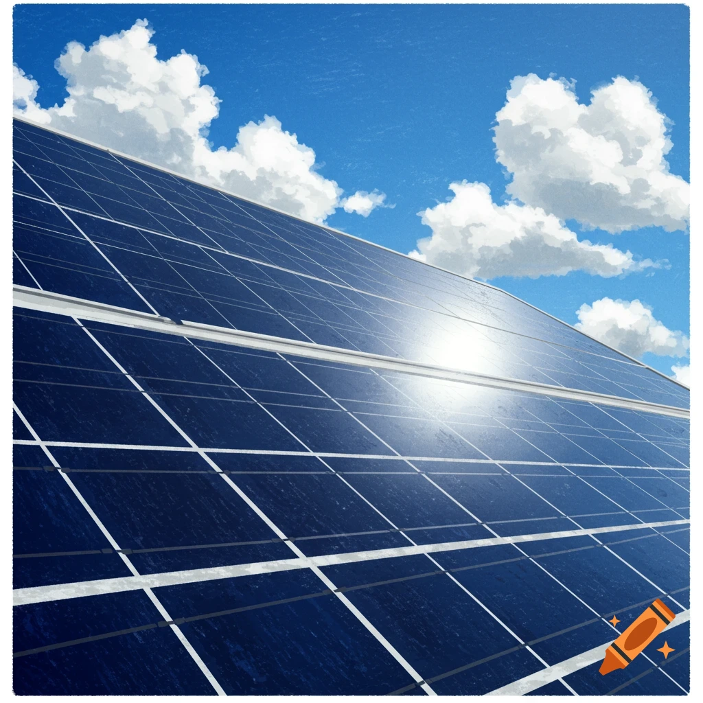 Close-up view of dark blue solar panels angled towards a bright blue sky with white clouds and sun reflection.