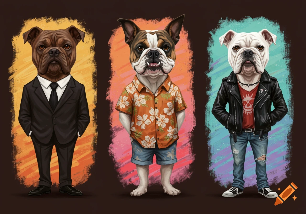 Digital illustration of three bulldogs dressed in human clothes: one in a black suit, one in a Hawaiian shirt and shorts, and one in a leather jacket and ripped jeans.