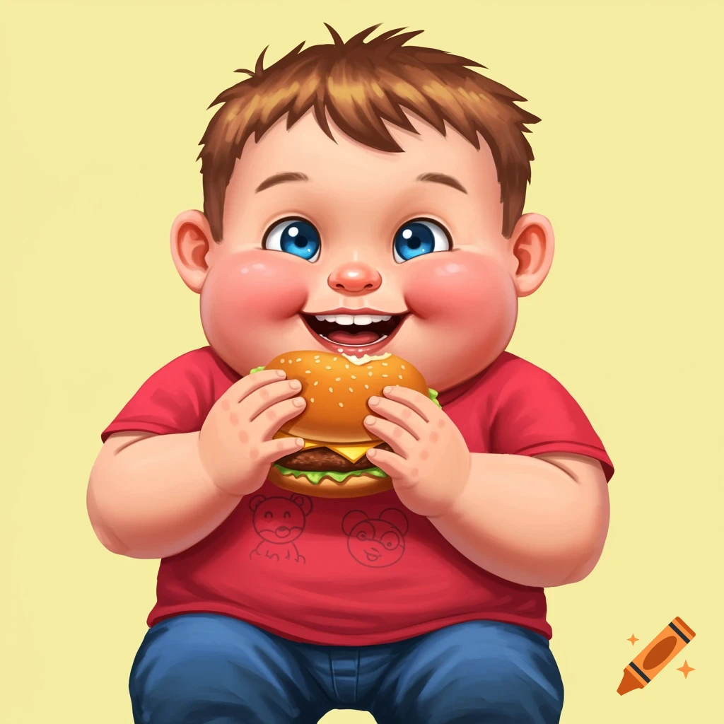 Cartoon illustration of a chubby child happily eating a hamburger.