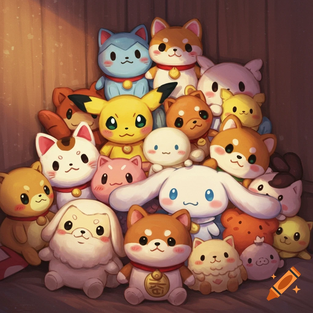 Pile of cute anime plush toys including Pikachu, Cinnamoroll, Shiba Inus, and cats.