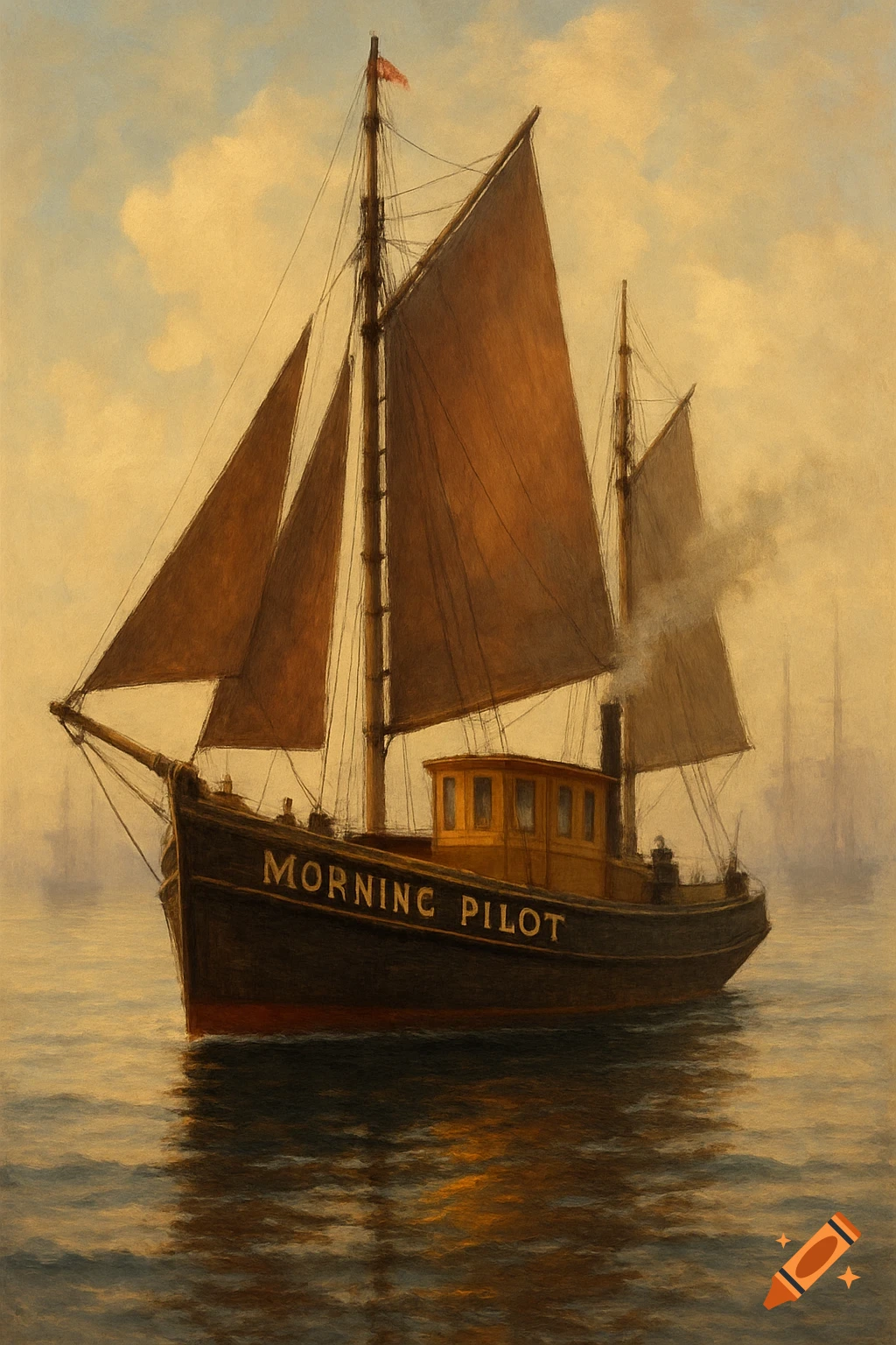 A painting of a boat named MORNING PILOT sailing on the water at sunrise.
