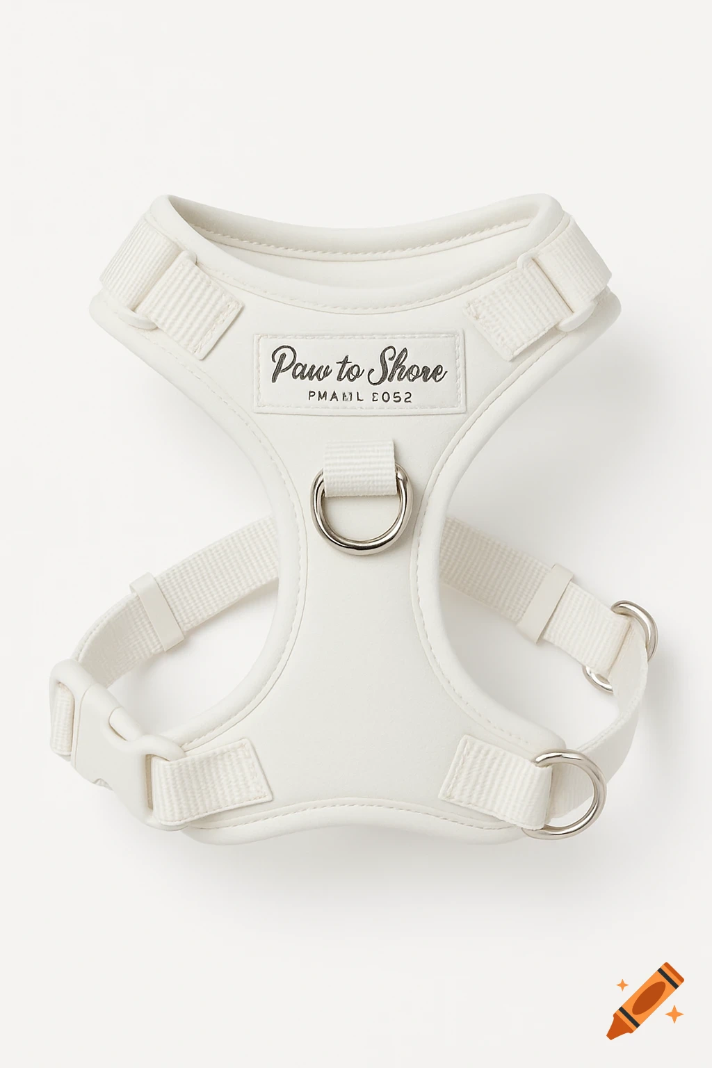 A white dog harness with a Paw to Shore label and metal rings on a white background.