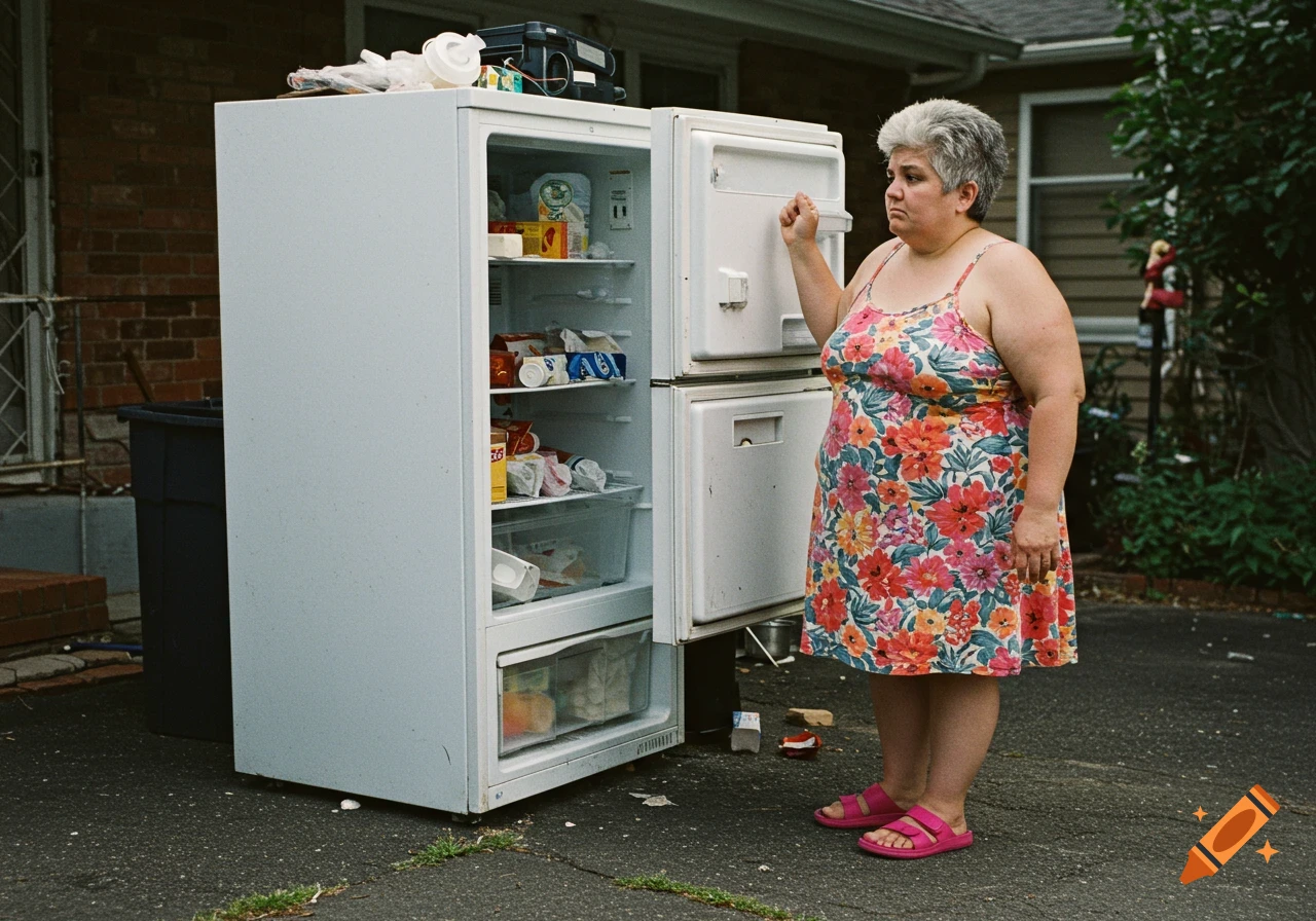 A photo of a short, grey-haired woman standing next to an open refrigerator in a driveway.