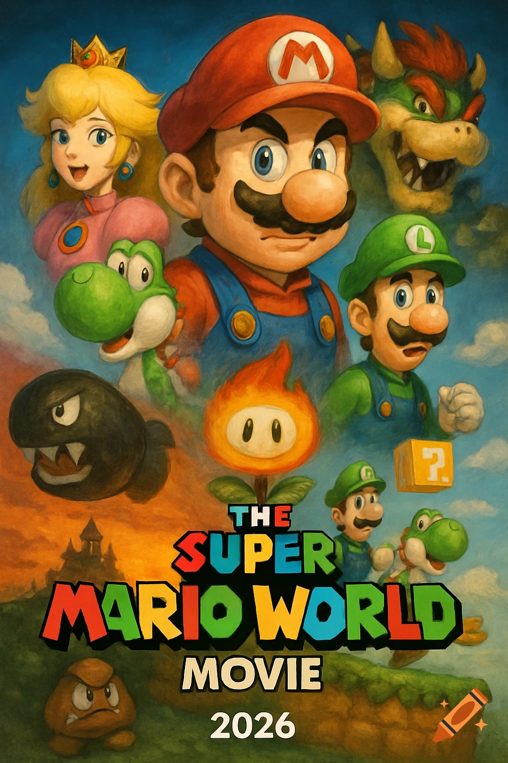 Painted movie poster featuring Mario, Luigi, Peach, Bowser, Yoshi, enemies, and items from Super Mario World, titled "THE SUPER MARIO WORLD MOVIE 2026".