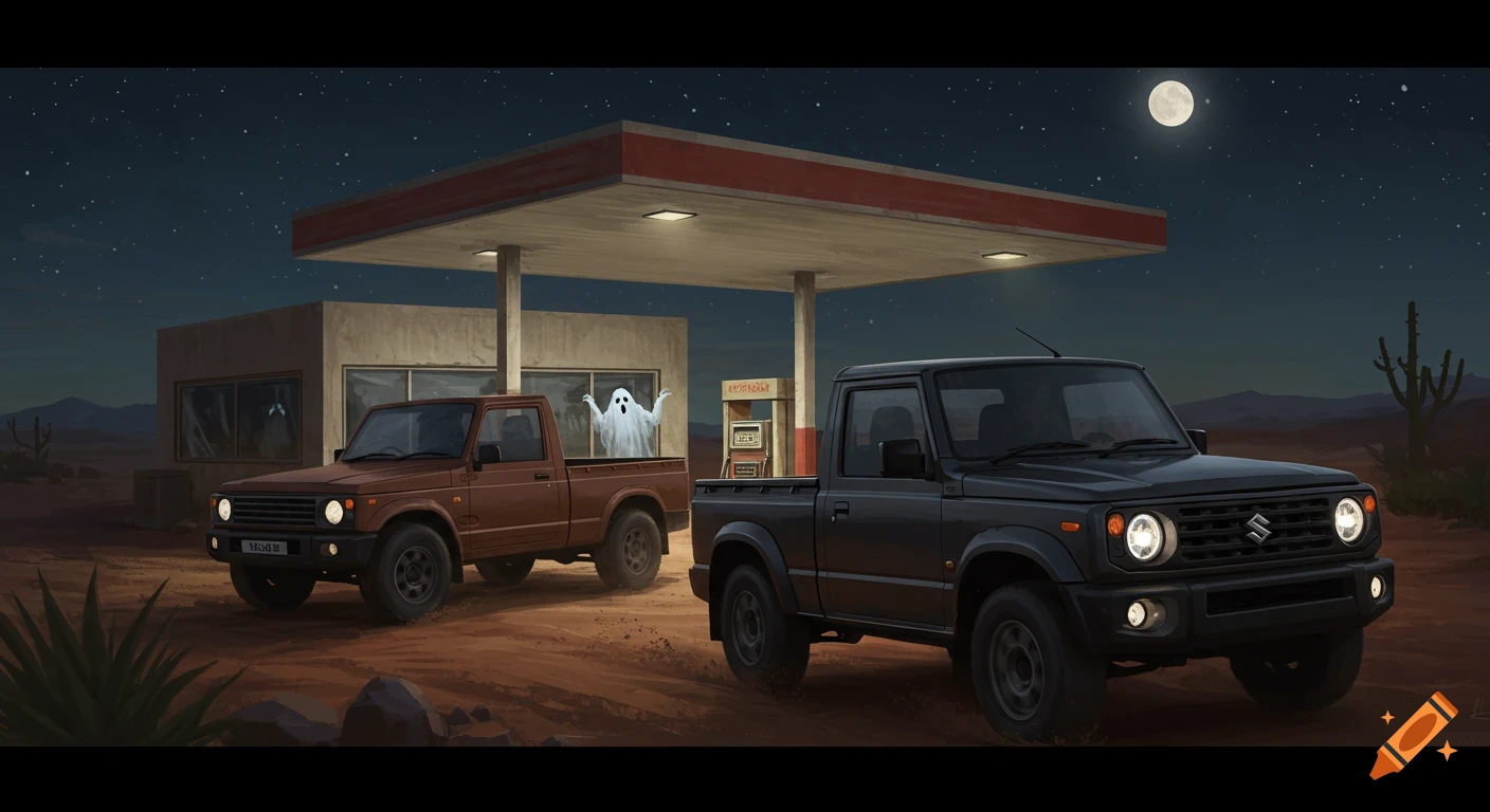 Two pickup trucks at a desert gas station at night, with a ghost visible in the window.