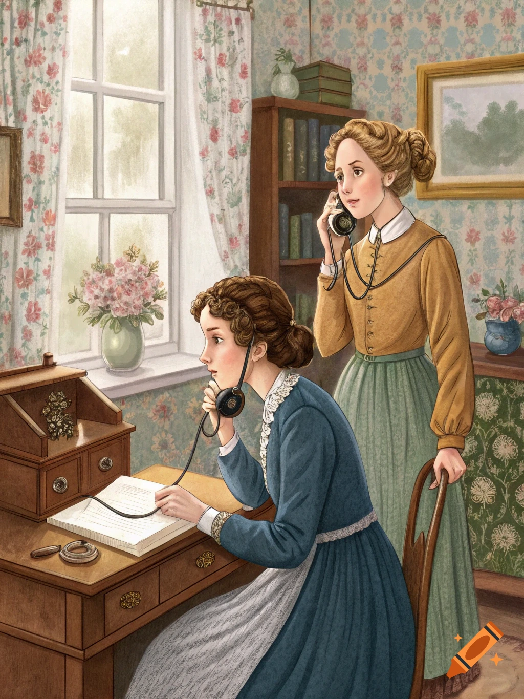 Illustration of two women in an 1800s room making calls with vintage phones.