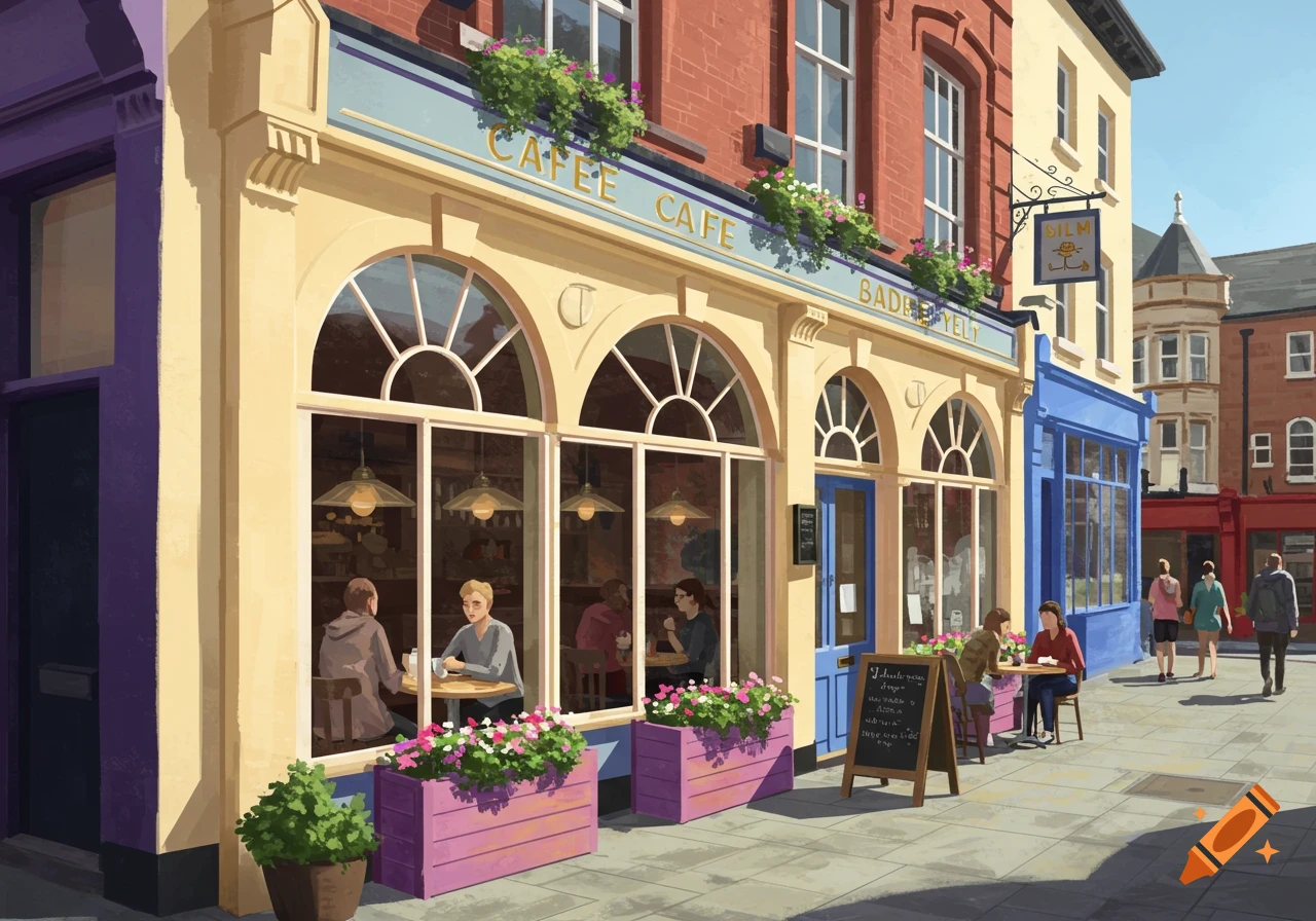 Stylized illustration of a cafe on a sunny street with people inside and outside.