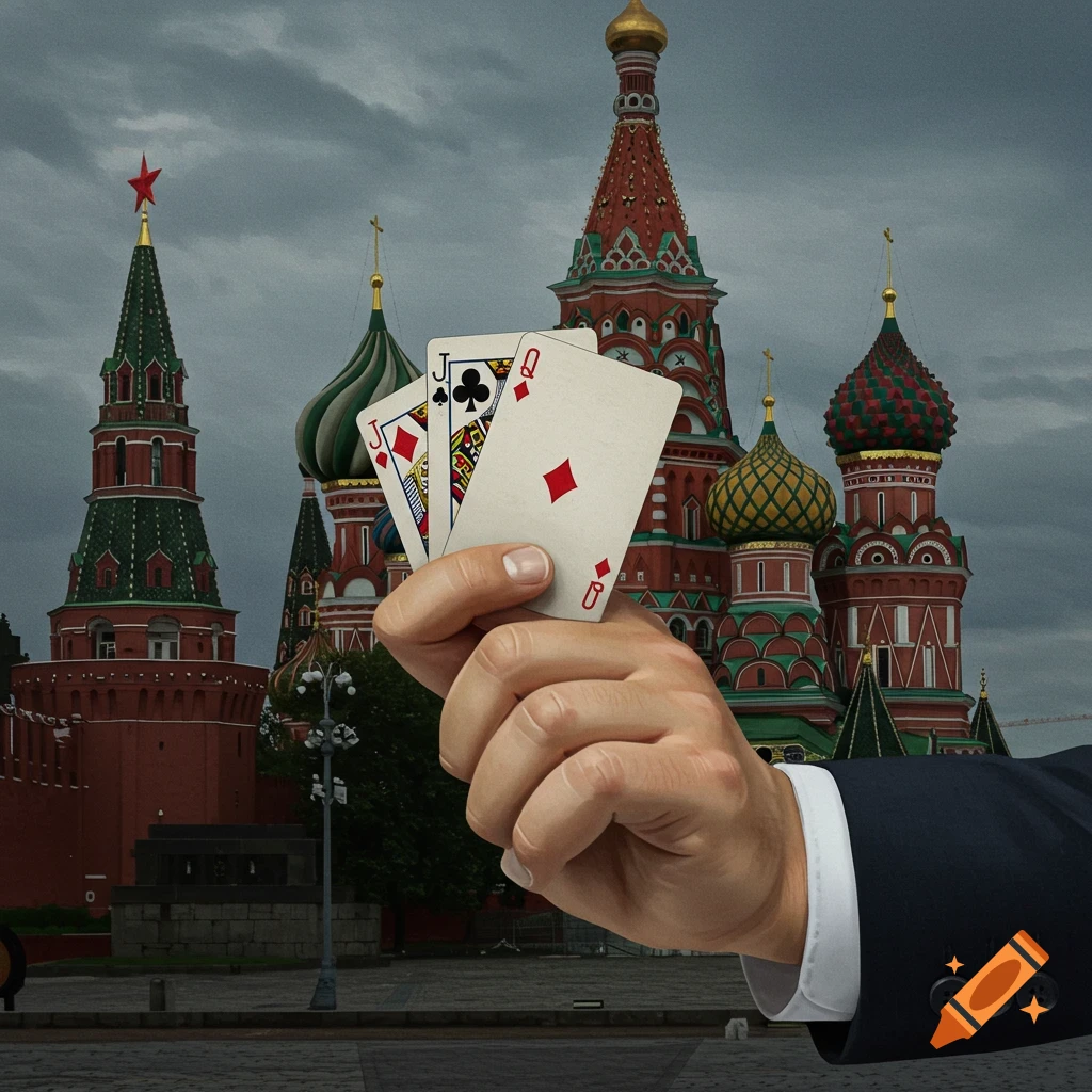 Hand in business suit holding playing cards in front of the Kremlin