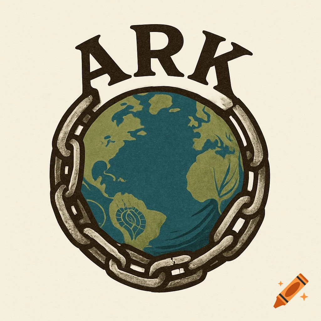 Stylized logo of the word ARK above a globe encircled by a chain.
