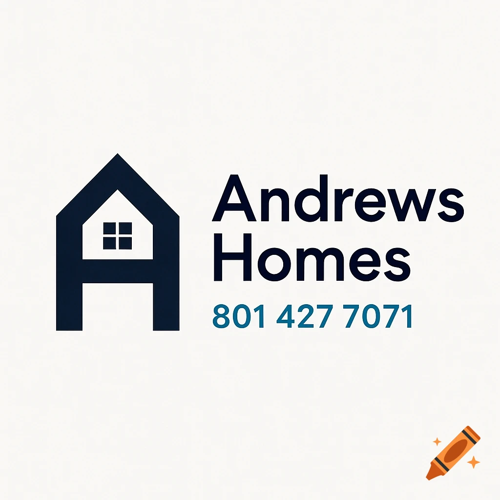 Real estate logo with house icon forming letter A, text 'Andrews Homes' and phone number.