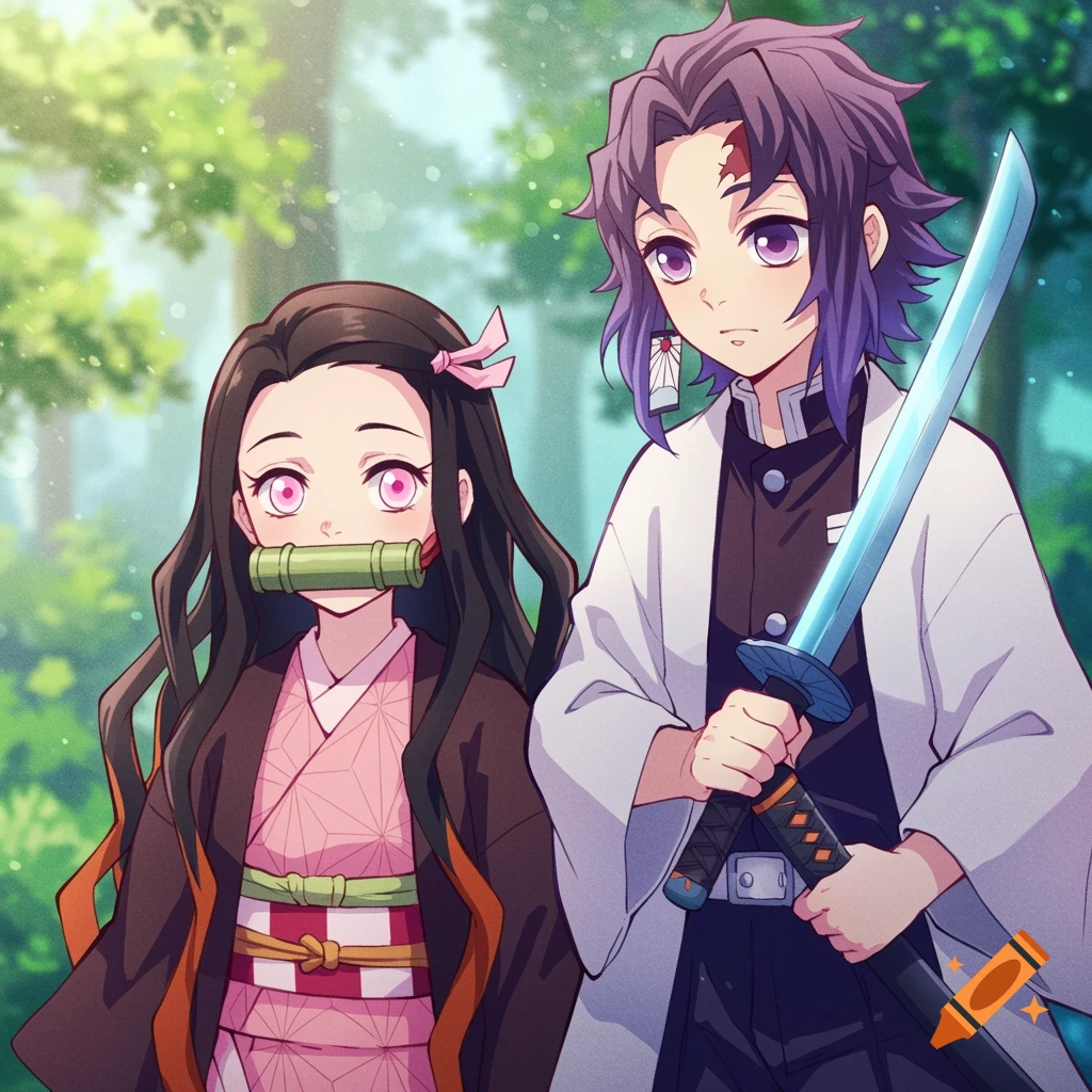 Anime characters, a girl with bamboo muzzle and a boy with a sword, in a forest.