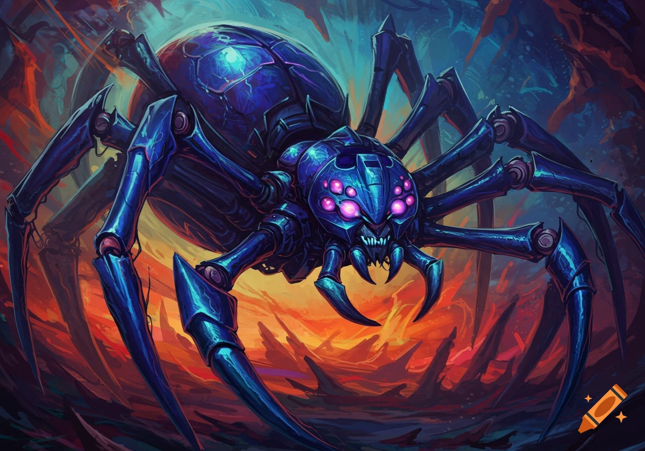 A detailed illustration of a blue robotic spider with glowing pink eyes.