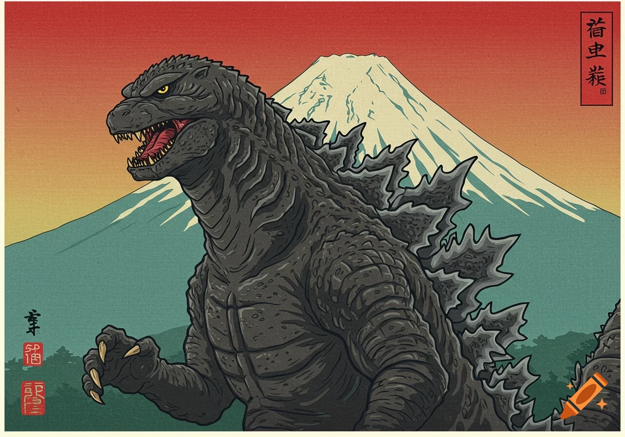 Ukiyo-e style illustration of Godzilla in front of Mount Fuji