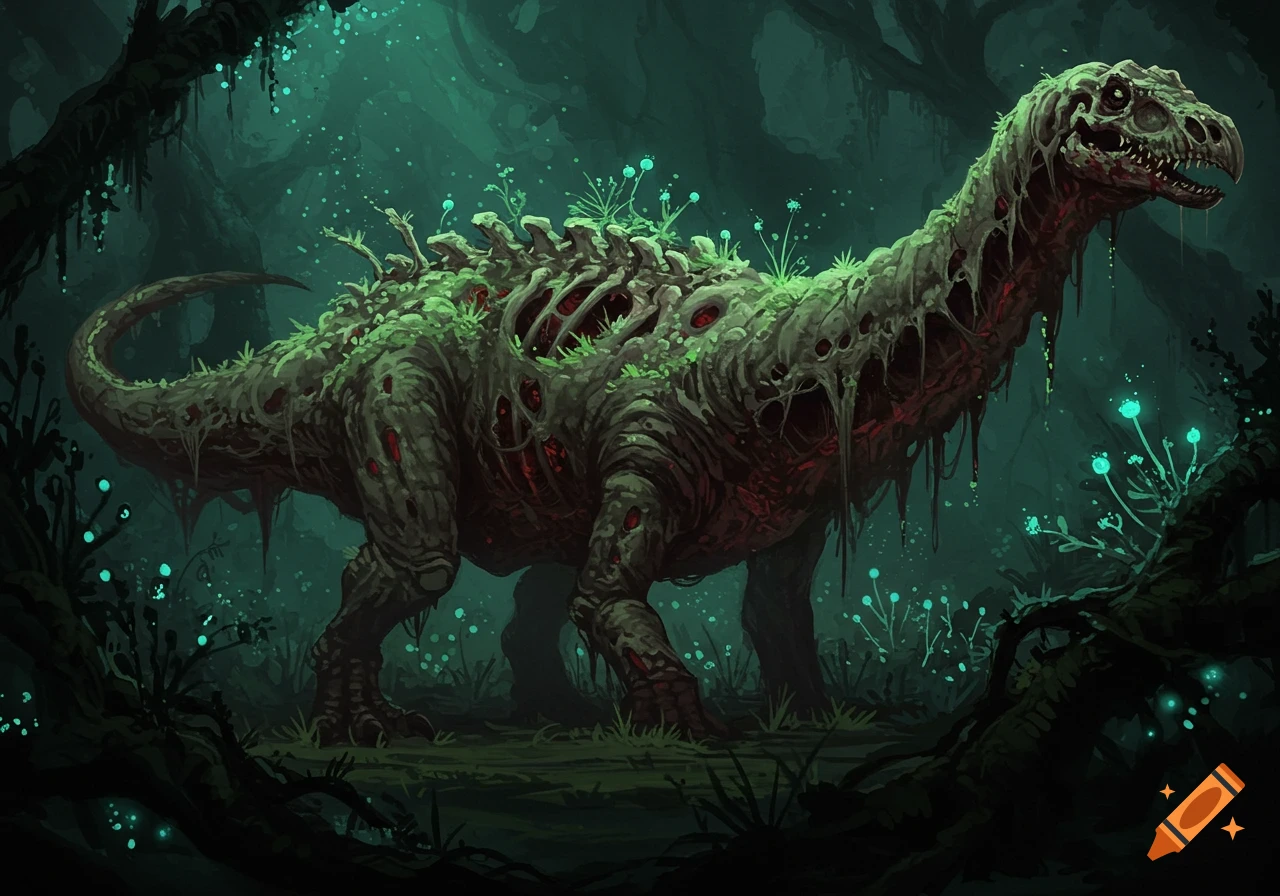 A rotting skeletal dinosaur stands in a dark, swampy forest with glowing plants.
