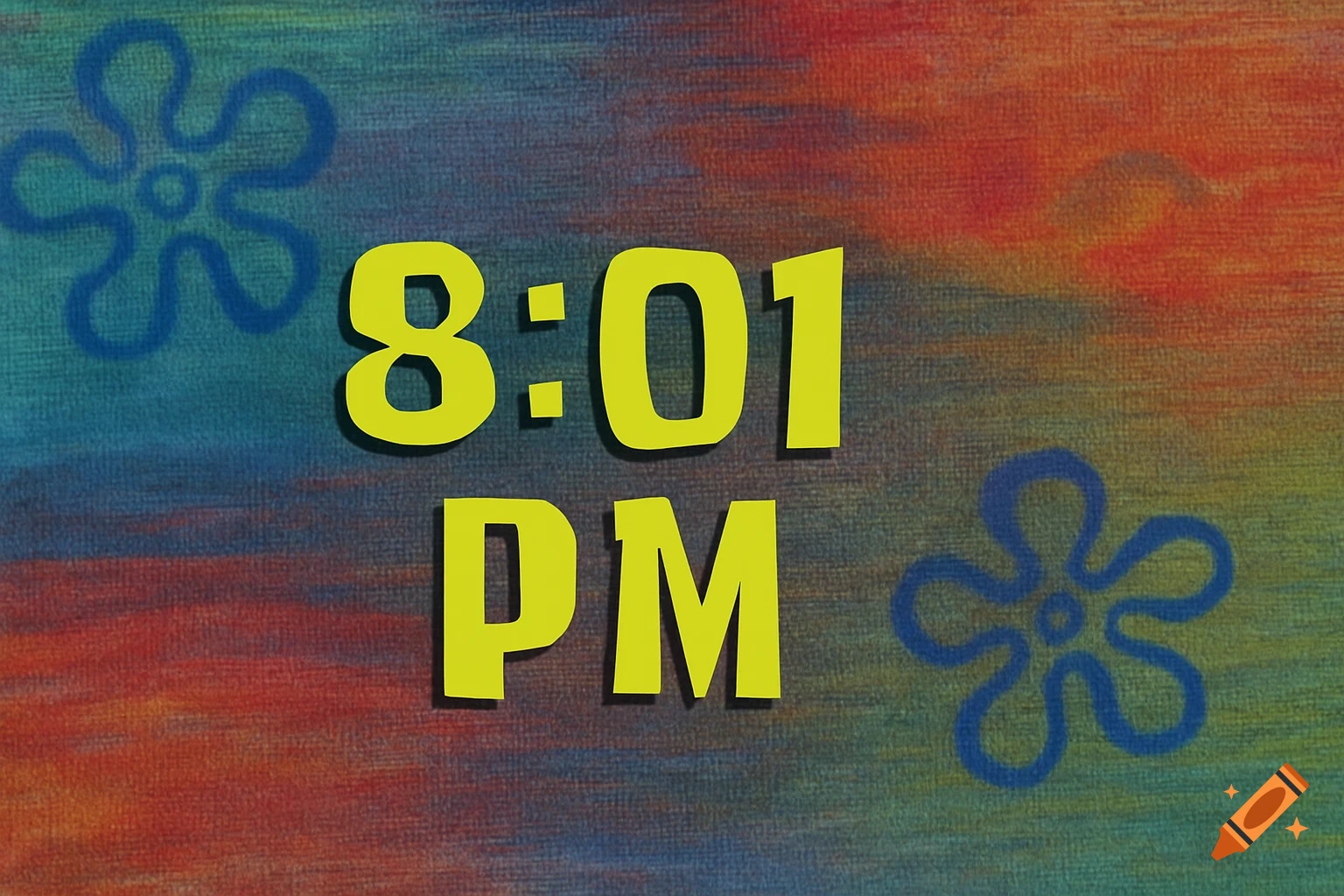SpongeBob SquarePants style time card showing 8:01 PM on a colorful background with blue flowers.