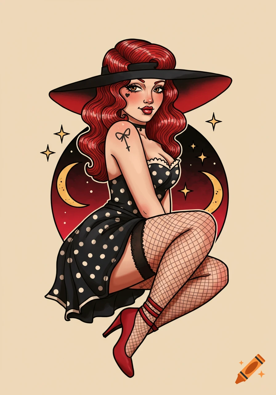 Illustration of a pin-up style witch with red hair, a wide-brimmed hat, polka dot dress, and fishnet stockings.