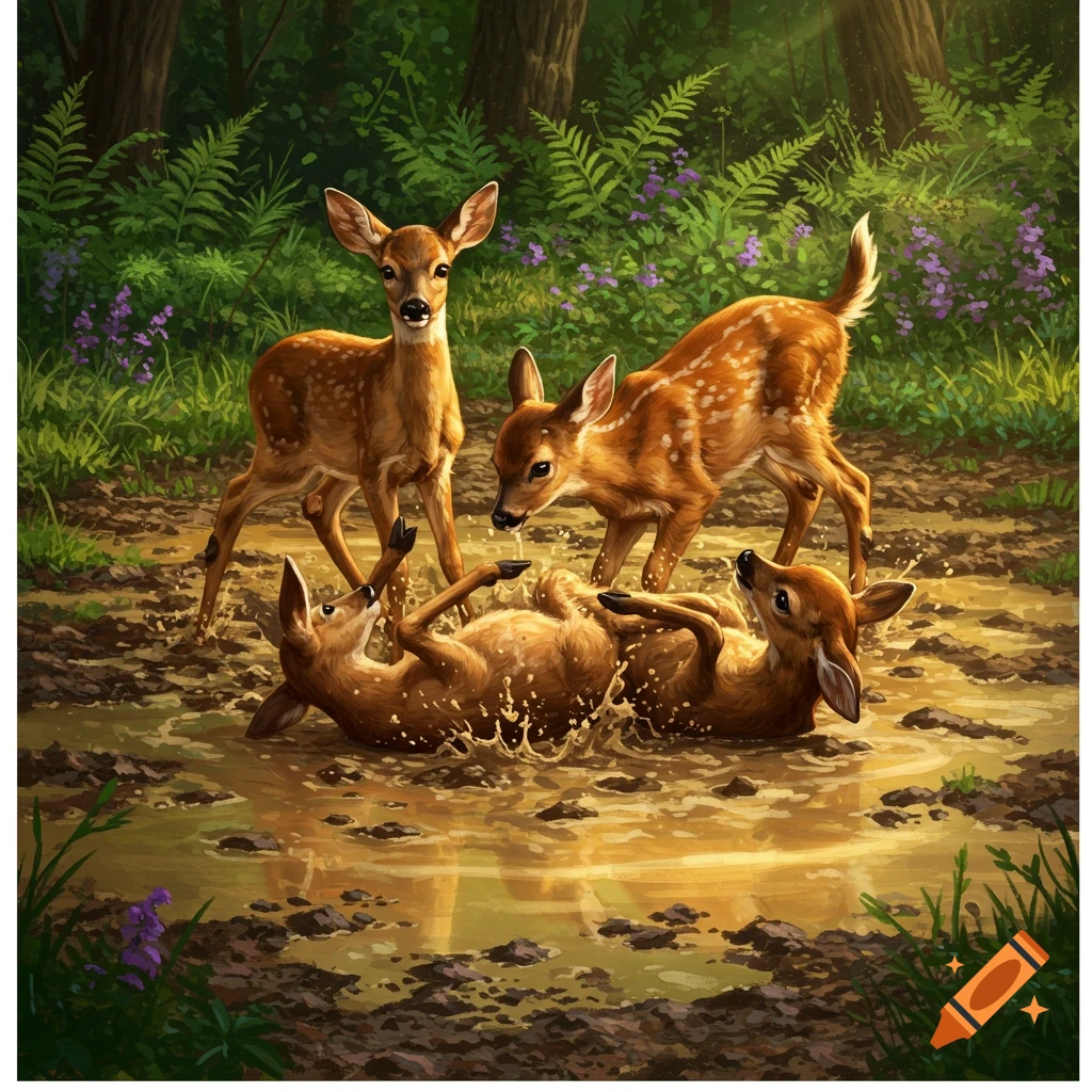 Digital painting of four young deer playing in a muddy puddle in a forest.
