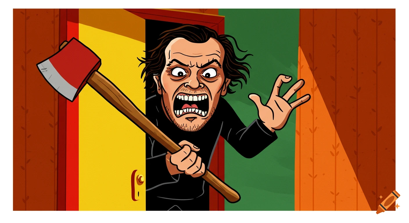 Cartoon man with an axe breaking through a door, referencing The Shining