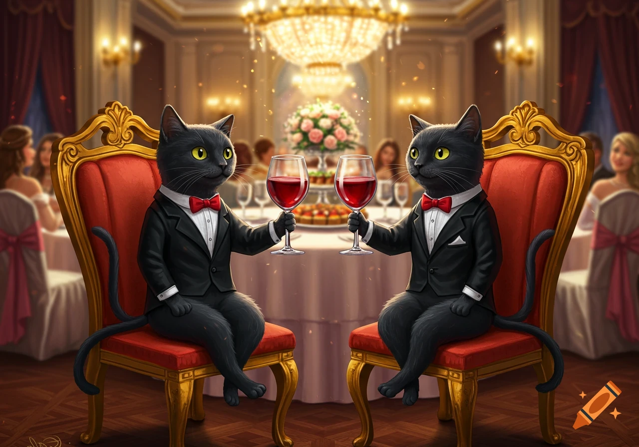 Two anthropomorphic black cats in tuxedos sit at a wedding table, toasting with glasses of red wine.