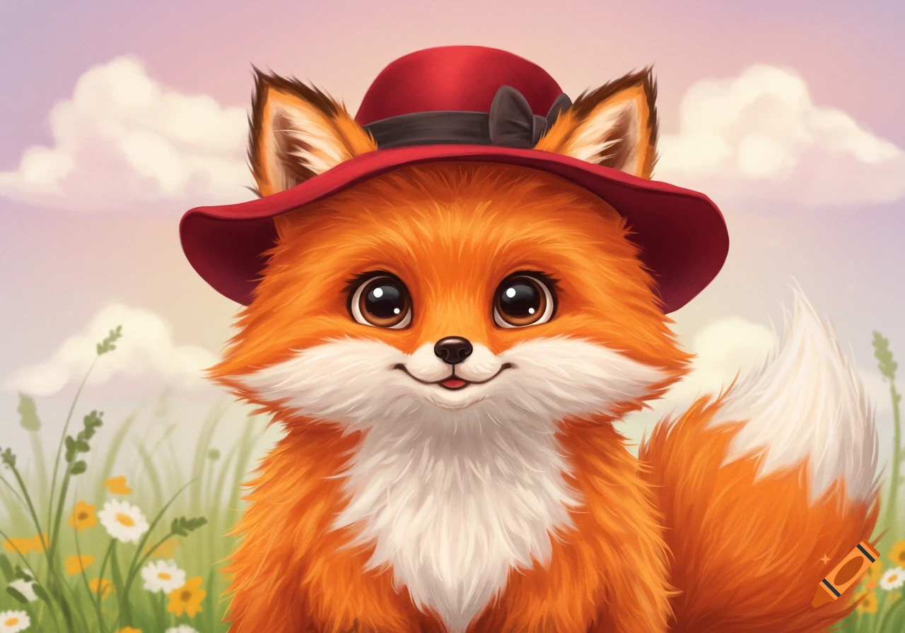 A cute cartoon fox wearing a red hat in a field of flowers under a cloudy sky.