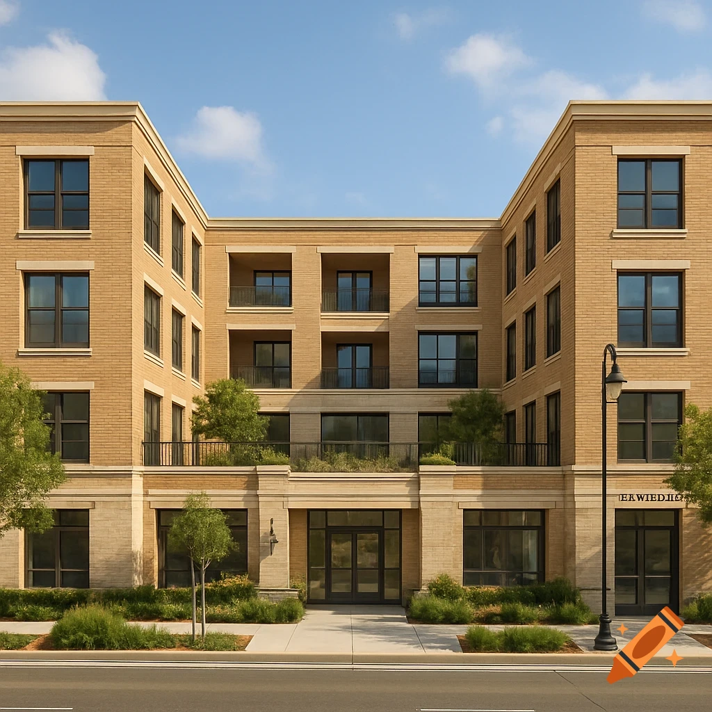 Street view of a U-shaped, four-story building with brick facade and ground floor landscaping.