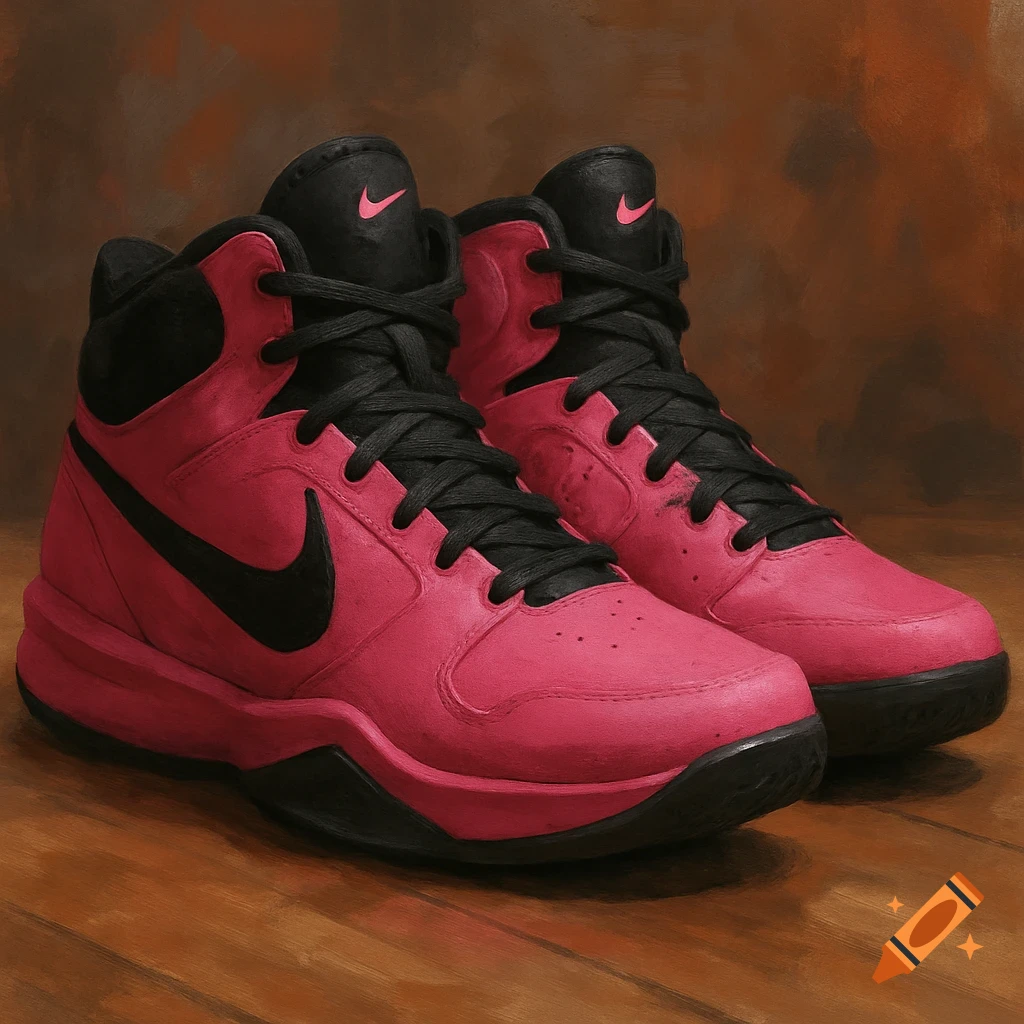 A pair of pink and black Nike high-top basketball shoes on a wooden floor with a textured background, painted style.